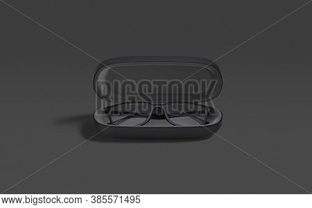 Blank Black Opened Case With Glasses Mockup, Dark Background, 3d Rendering. Empty Accessory Spectacl
