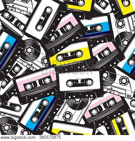 A Set Of Different Audio Cassettes. Seamless Background In Retro Style. Colored Vector Illustration.