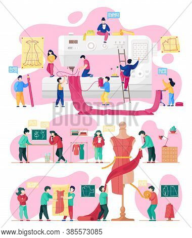 Process Of Dressmaking. Sewers Sewing Dress Using Sewing Machine. Man At Ladder Press Button. Seamst