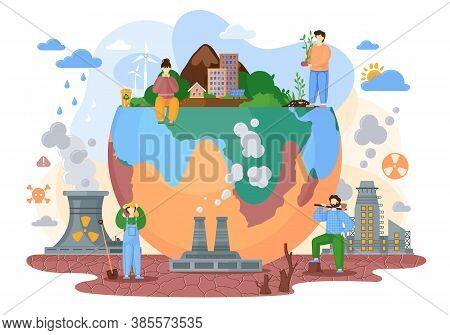 Change Climate Factory Vector. Flat Global Warming Tiny Persons Concept. Nature Environment Danger B