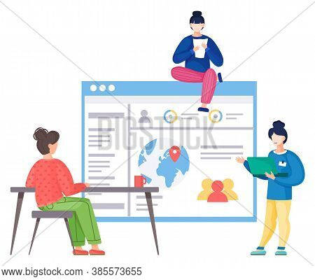 Workers Women Analysing Site Statistic, Navigation Information, Profiles Of Users Around The World. 