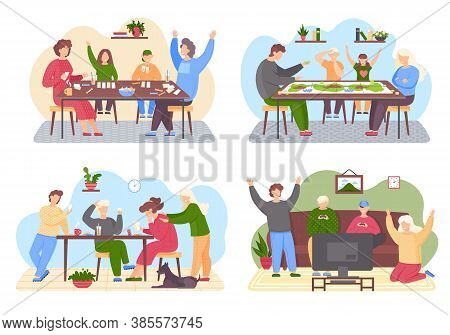 Family Game Set. Family Playing Various Games Flat. People Having Fun, Spending Time Together At Hom