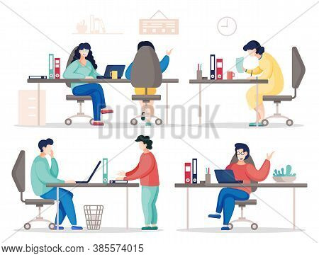 Flat Vector Of Busy Business People Working In Office. Colleagues Communicating During Work. Busines