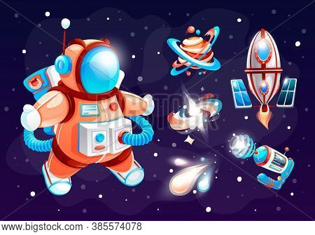 Cartoon Space Icons At Dark Cosmos Background. Space Elements With Planets, Cosmonaut, Asteroid, Fly