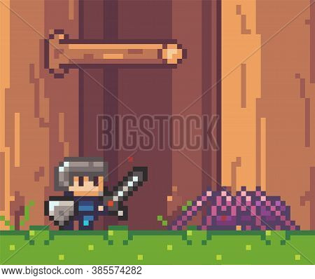 Pixel Art Style, Character In Game Arcade Play Vector Illustration. Man With Sharp Sword Fighting Ag