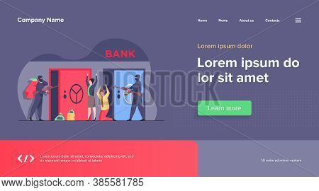 Gangsters With Gun Robbing Bank. Criminals Aiming Riffle At Workers, Taking Bags With Money. Vector 