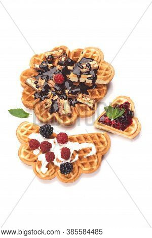 Freshly Baked Waffles With Chocolate Isolated On White Background