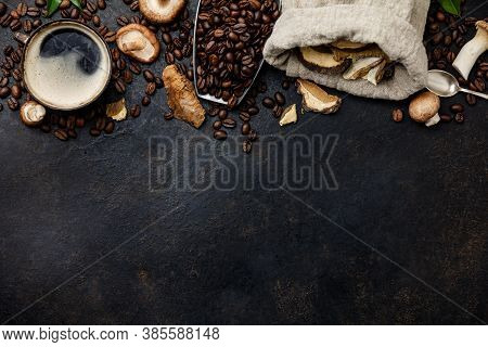 Mushroom Chaga Coffee Superfood Trend-dry And Fresh Mushrooms And Coffee Beans On Dark Background