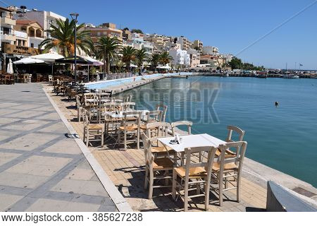 Sitia, August 12: Shops And Restaurants At The Harbor On August 12, 2020 At Sitia, Greece. Sitia Is 