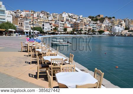 Sitia, August 12: Shops And Restaurants At The Harbor On August 12, 2020 At Sitia, Greece. Sitia Is 