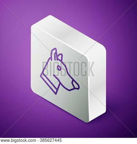 Isometric Line Dog Head Icon Isolated On Purple Background. Silver Square Button. Vector