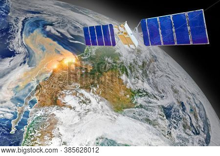 Fire Place In California, Oregon, Washington Map. Satellite Above The Earth Measurements, Monitoring
