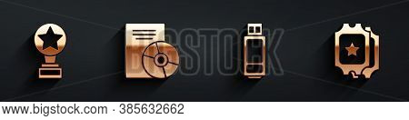 Set Movie Trophy, Cd Or Dvd Disk, Usb Flash Drive And Cinema Ticket Icon With Long Shadow. Vector