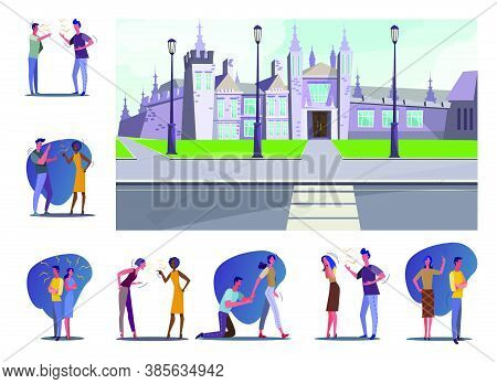 Set Of People Having Various Conflicts. Flat Vector Illustrations Of People Arguing, Screaming And S