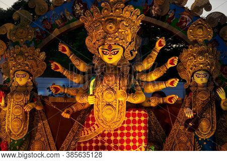 Calcutta, West Bengal, India : Goddess Durga Idol At Puja Pandal, Shot At Colored Light At Kolkata. 