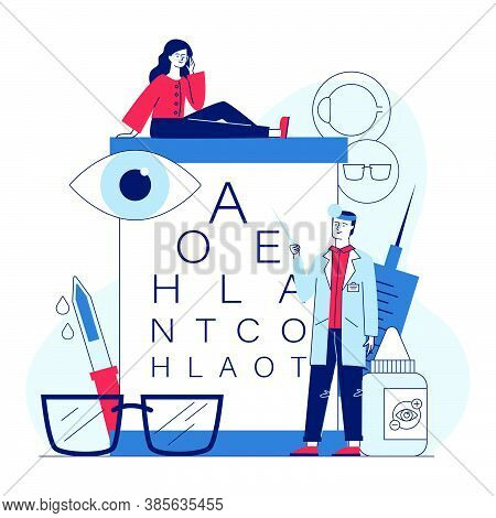 Male Ophthalmologist Checking Woman Eyesight. Female Patient In Glasses Sitting On Eye Chart Flat Ve