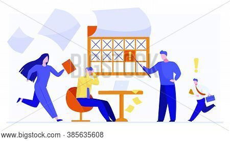 Stressed Office Staff Working In Deadline Rush. Business People Hurrying To Finish Project Flat Vect