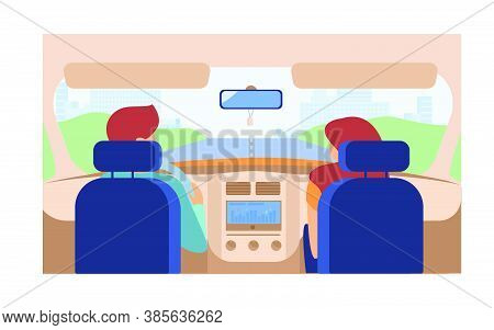 Couple Riding Vehicle. Back View Of Driver And Passenger Inside Car Interior. View From Backseat. Ve