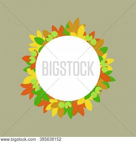 Vector Autumn Background, Decorative Frame With Colorful Chestnut Leaves, Yellow Leaves, Autumn Leav