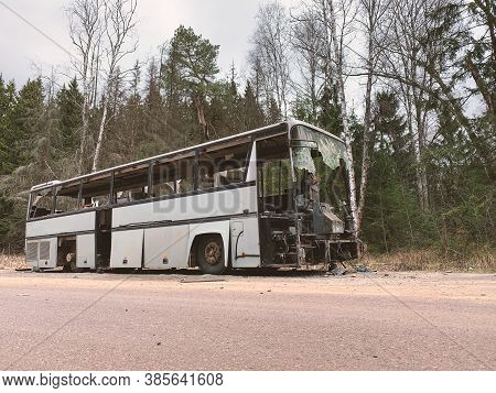 Old Gray Bus Is Abandoned On A Road In The Woods. Forest Landscape With Forgotten Vintage Gray Bus. 