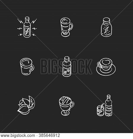 Energy Drinks Chalk White Icons Set On Black Background. Coffee In Cup. Guarana Ingredient. Fizzy So