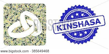 Military Camouflage Composition Of Wedding Rings, And Kinshasa Corroded Rosette Seal Print. Blue Sea