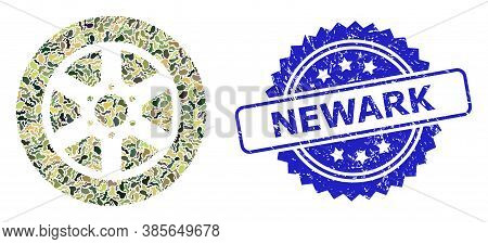 Military Camouflage Collage Of Car Wheel, And Newark Rubber Rosette Stamp. Blue Stamp Seal Has Newar