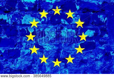Eu Flag On Texture Background. Background For Greeting Cards For Eu Public Holidays. Europe Day Is C