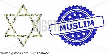 Military Camouflage Combination Of David Star, And Muslim Dirty Rosette Seal. Blue Stamp Contains Mu