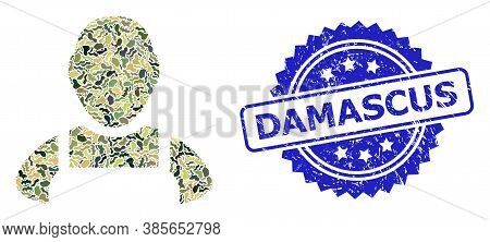 Military Camouflage Combination Of Worker, And Damascus Textured Rosette Stamp Seal. Blue Stamp Cont