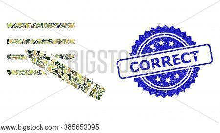 Military Camouflage Collage Of Edit Text, And Correct Grunge Rosette Seal Imitation. Blue Stamp Seal