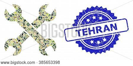Military Camouflage Collage Of Spanners, And Tehran Scratched Rosette Seal. Blue Seal Has Tehran Tex