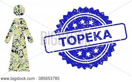 Military Camouflage Collage Of Bride, And Topeka Grunge Rosette Stamp Seal. Blue Stamp Seal Has Tope