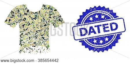Military Camouflage Composition Of Ragged T-shirt, And Dated Dirty Rosette Seal Print. Blue Stamp Co