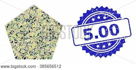 Military Camouflage Combination Of Filled Pentagon, And 5.00 Scratched Rosette Stamp Seal. Blue Stam