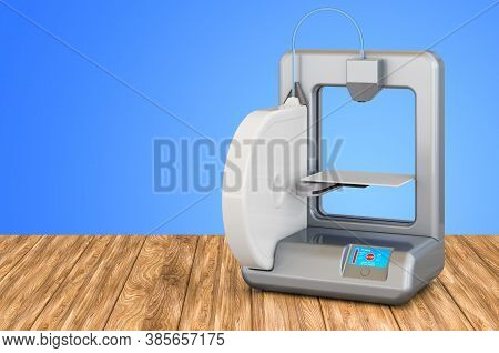 Modern 3d Printer On The Wooden Table. 3d Rendering