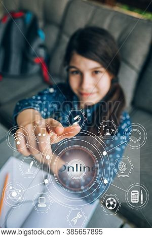 Girl In A Medical Mask Goes To School. She Connects Online. New Rules For Schoolchildren In A Pandem