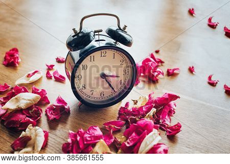 Alarm Clock With Dried Petals.wilting Concept. Close-up