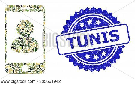 Military Camouflage Composition Of Smartphone Portrait, And Tunis Grunge Rosette Seal Print. Blue Se