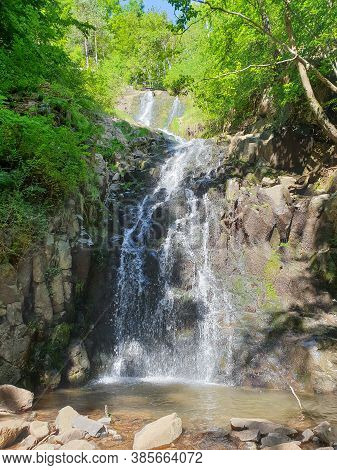 Saritoarea Waterfall In Stanija, Buces, Hunedoara County. Travel Destination Scene Of Beautiful Wate