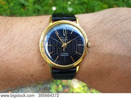 Illustrative Editorial: Vintage Black Dial Poljot Brand Russian Mechanical Automatic Watch On Wrist.