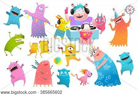 Kids Monsters Dj Party Festival, Playing Vinyl, Dancing Creatures Clipart Collection For Children. F