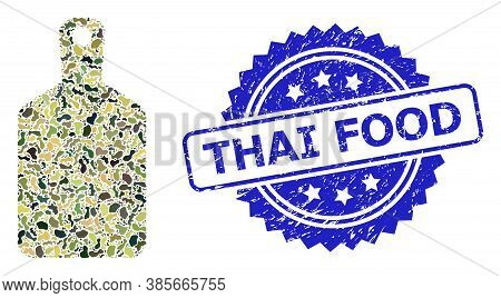 Military Camouflage Composition Of Cutting Board, And Thai Food Dirty Rosette Seal. Blue Seal Includ