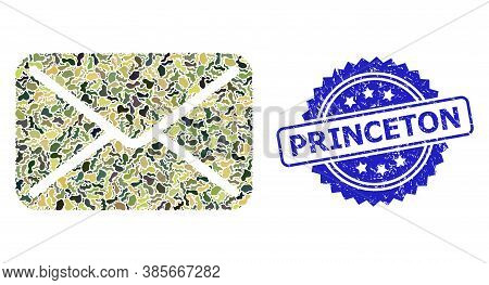 Military Camouflage Collage Of Mail, And Princeton Corroded Rosette Stamp Seal. Blue Stamp Seal Cont