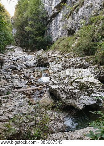Cheile Rametului Gorges Wild Natural Park River Area. Waterfall On Small River In Dense Forest In Al