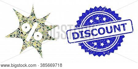 Military Camouflage Collage Of Discount Boom, And Discount Scratched Rosette Stamp Seal. Blue Stamp 