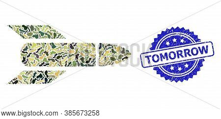 Military Camouflage Combination Of Rocket, And Tomorrow Unclean Rosette Stamp Seal. Blue Stamp Seal 