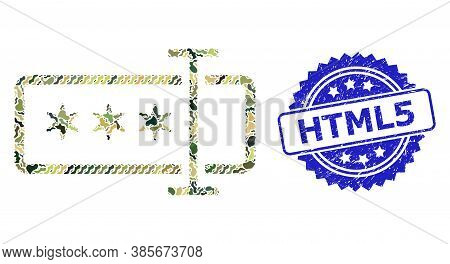 Military Camouflage Collage Of Password Field, And Html5 Textured Rosette Stamp. Blue Stamp Contains