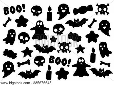 Set Of Halloween Icon Black Silhouette Trick Or Treat