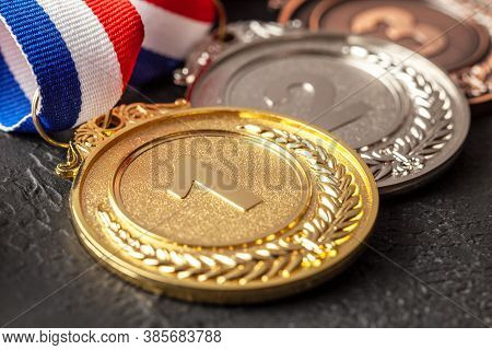 Gold, Silver And Bronze Medal With Ribbons. Award For First, Second And Third Place In The Competiti
